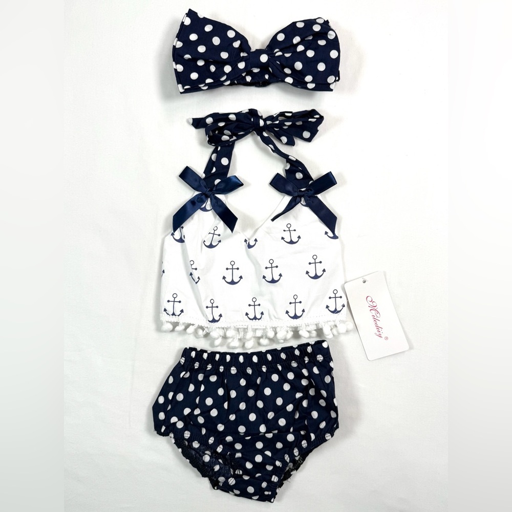NWT MILEDIIY Baby Girls’‎ Nautical Sailor Polka Dot Coastal 3-PC Set Size 9-12M